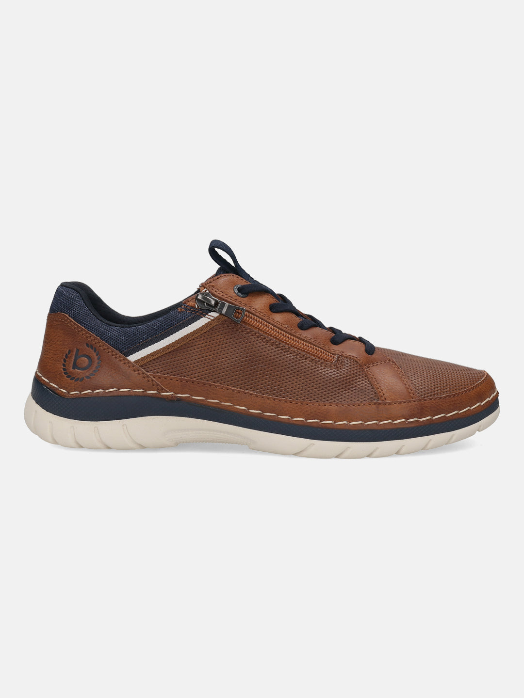 Side view of a bugatti Rickson cognac comfort sneaker featuring a zipper accent and navy blue details.
