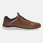 Side view of a bugatti Rickson cognac comfort sneaker featuring a zipper accent and navy blue details.
