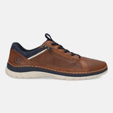 Side view of a bugatti Rickson cognac comfort sneaker featuring a zipper accent and navy blue details.
