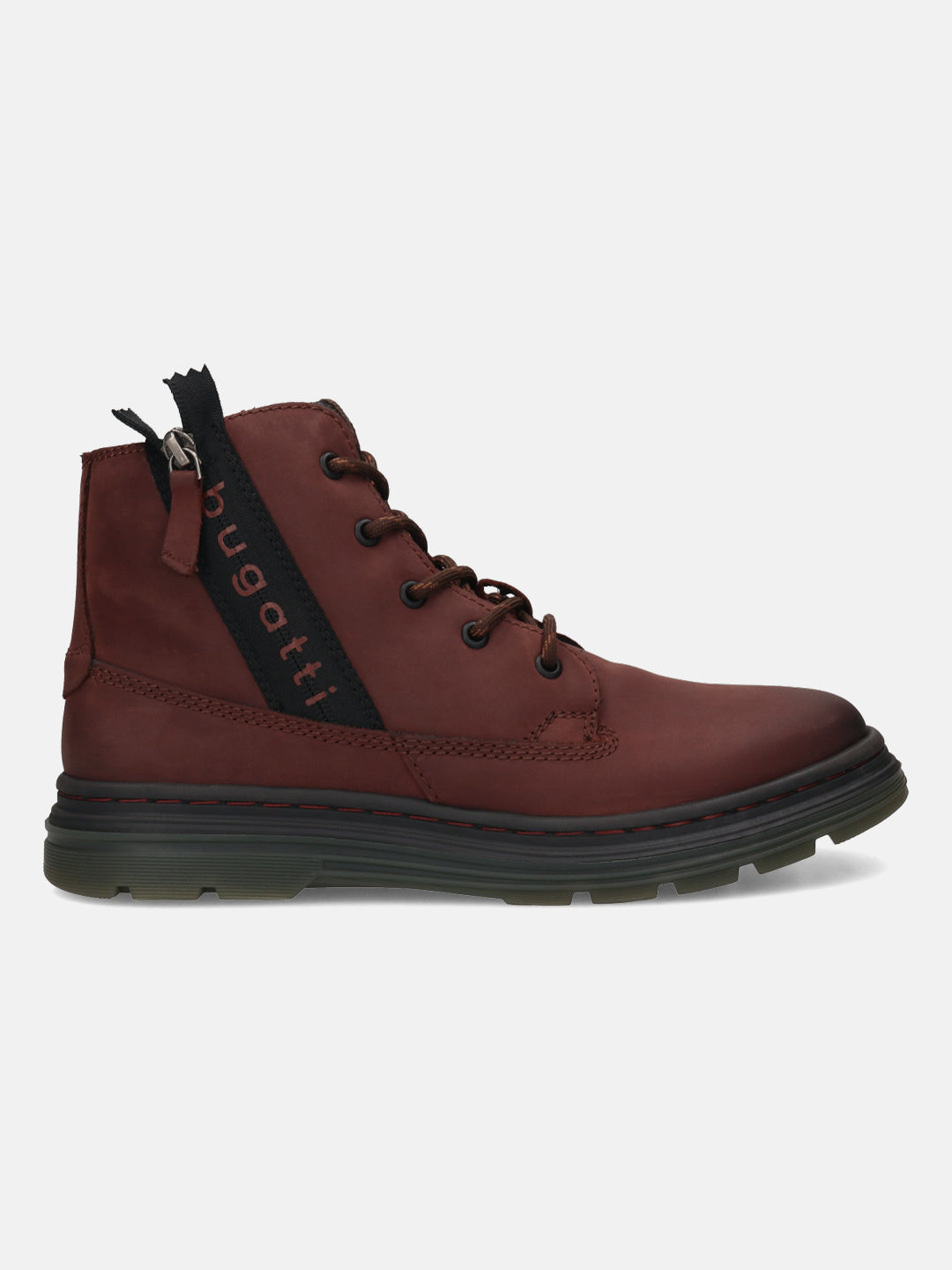 Side view of a Bugatti Drake Bordo boot. A brown leather boot with a black sole, lace-up closure, and black zipper detail.