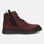 Side view of a Bugatti Drake Bordo boot. A brown leather boot with a black sole, lace-up closure, and black zipper detail.