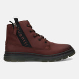 Side view of a Bugatti Drake Bordo boot. A brown leather boot with a black sole, lace-up closure, and black zipper detail.