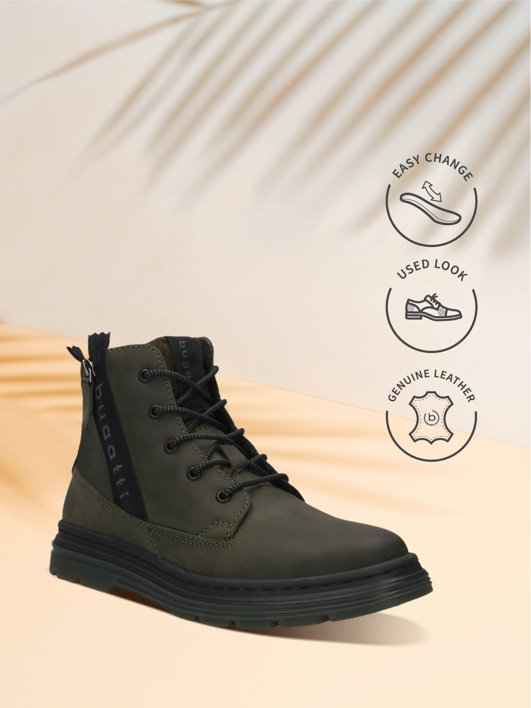 Bugatti Drake dark green leather casual boots with a lace-up closure and a black lug sole.