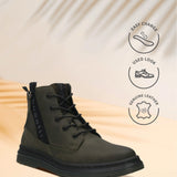 Bugatti Drake dark green leather casual boots with a lace-up closure and a black lug sole.