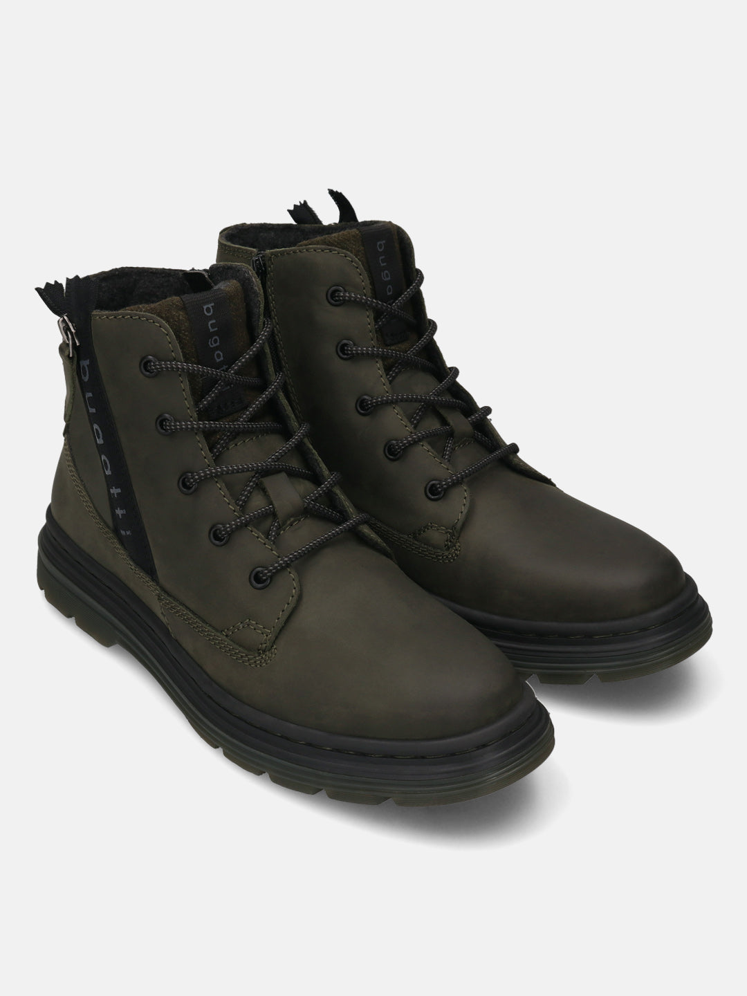 Bugatti Drake dark green casual boots in premium leather with laces and side zip.