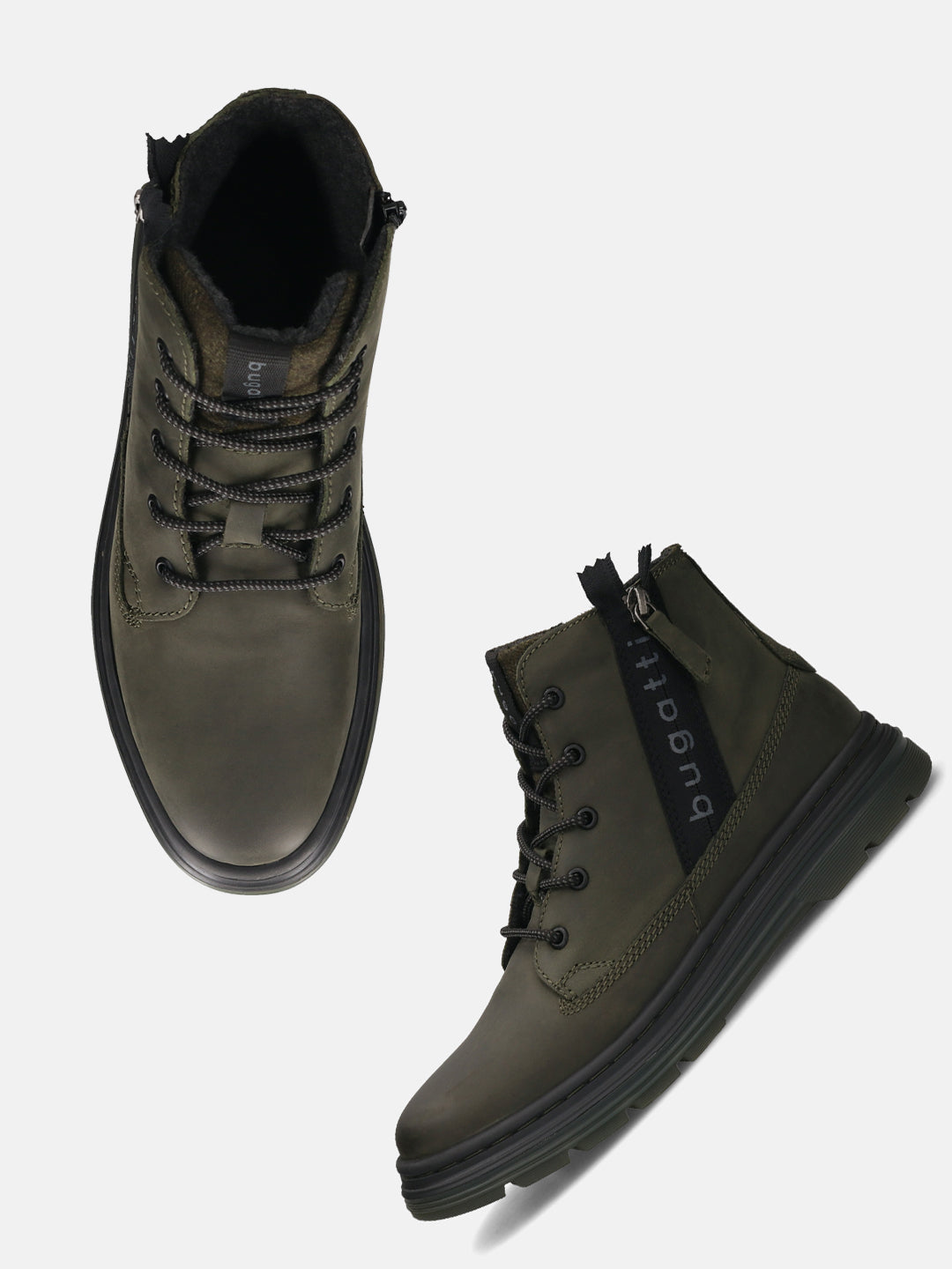 Bugatti Drake dark green premium leather casual boots with laces and a side zipper.
