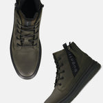 Bugatti Drake dark green premium leather casual boots with laces and a side zipper.
