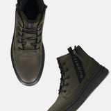 Bugatti Drake dark green premium leather casual boots with laces and a side zipper.

