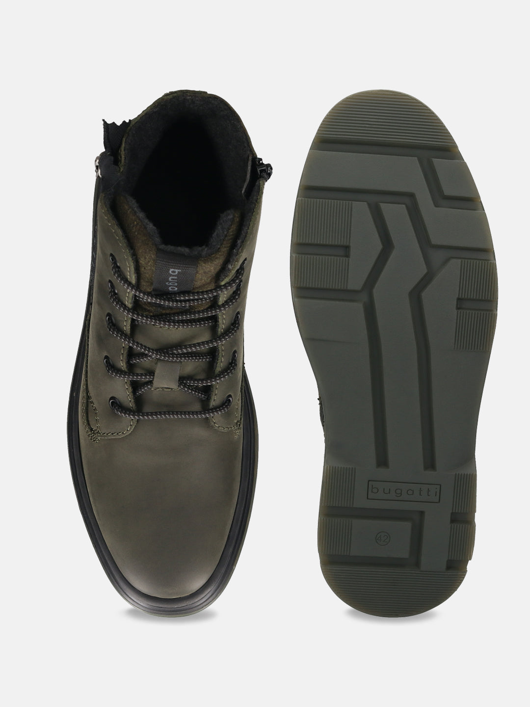 Bugatti Drake dark green leather casual boots, top-down view showing laces and patterned sole.
