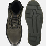 Bugatti Drake dark green leather casual boots, top-down view showing laces and patterned sole.
