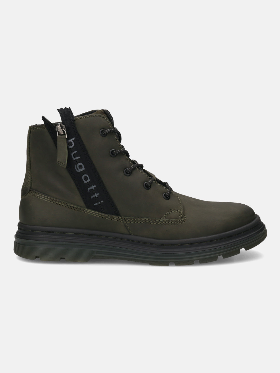 Bugatti Drake boots in dark green leather, featuring a lace-up closure and decorative side zipper.
