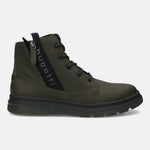 Bugatti Drake boots in dark green leather, featuring a lace-up closure and decorative side zipper.
