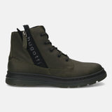 Bugatti Drake boots in dark green leather, featuring a lace-up closure and decorative side zipper.
