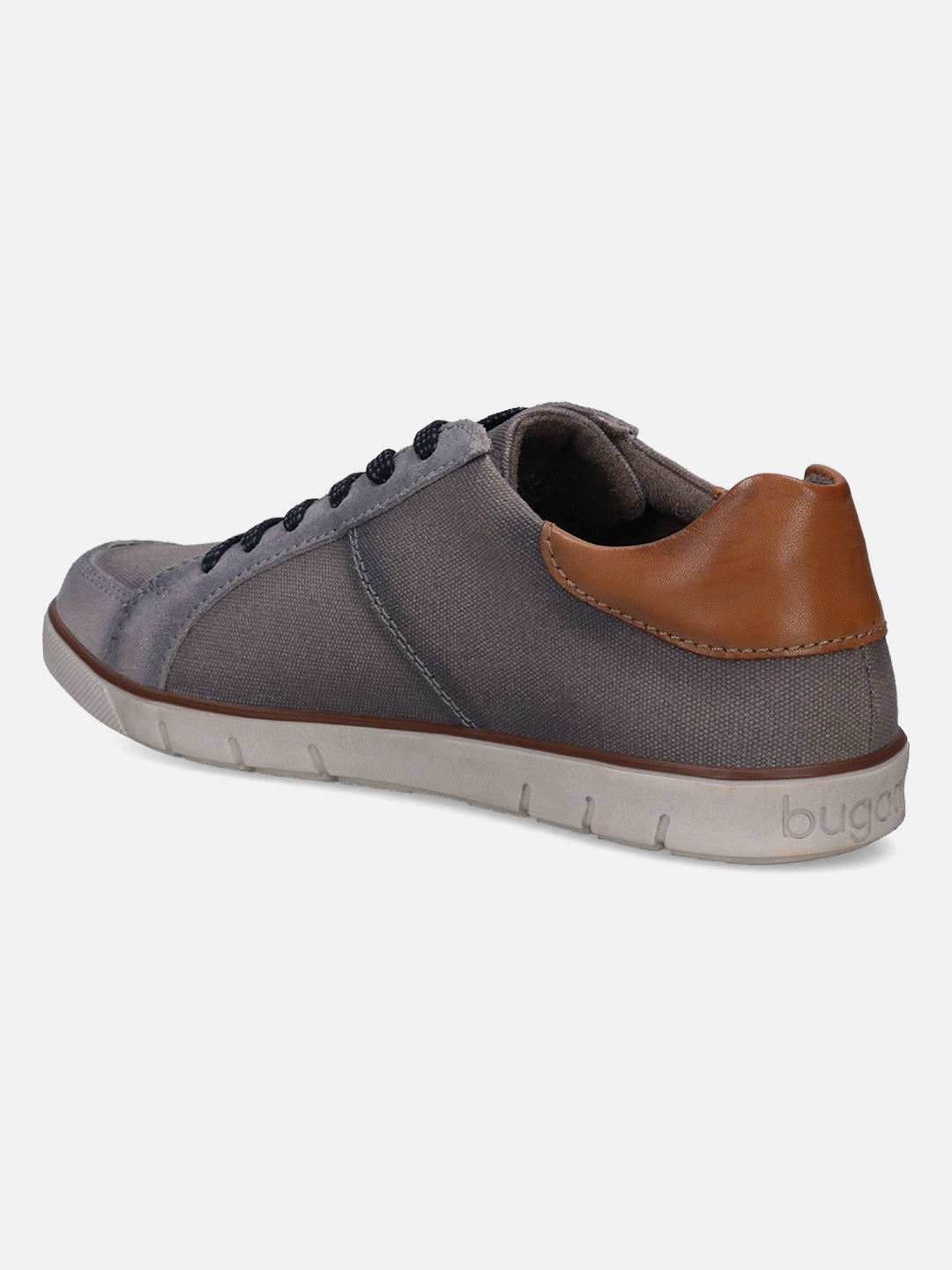 Gray comfort low top sneakers by bugatti, with brown leather heel and dark shoelaces.