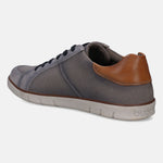 Gray comfort low top sneakers by bugatti, with brown leather heel and dark shoelaces.