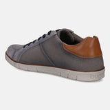 Gray comfort low top sneakers by bugatti, with brown leather heel and dark shoelaces.