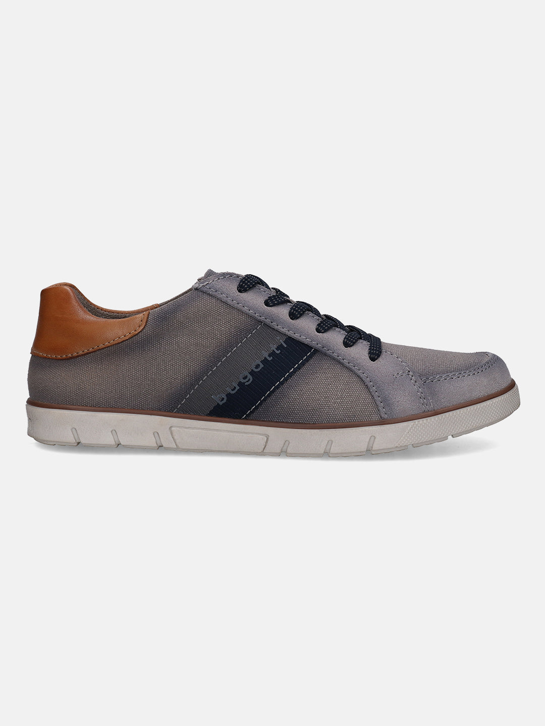 Grey canvas low top sneaker by bugatti with brown leather heel accent and dark blue accent stripe.