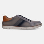 Grey canvas low top sneaker by bugatti with brown leather heel accent and dark blue accent stripe.