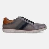 Grey canvas low top sneaker by bugatti with brown leather heel accent and dark blue accent stripe.