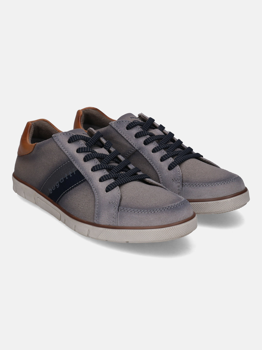 Grey low top sneakers by bugatti featuring dark laces and brown leather heel patch.