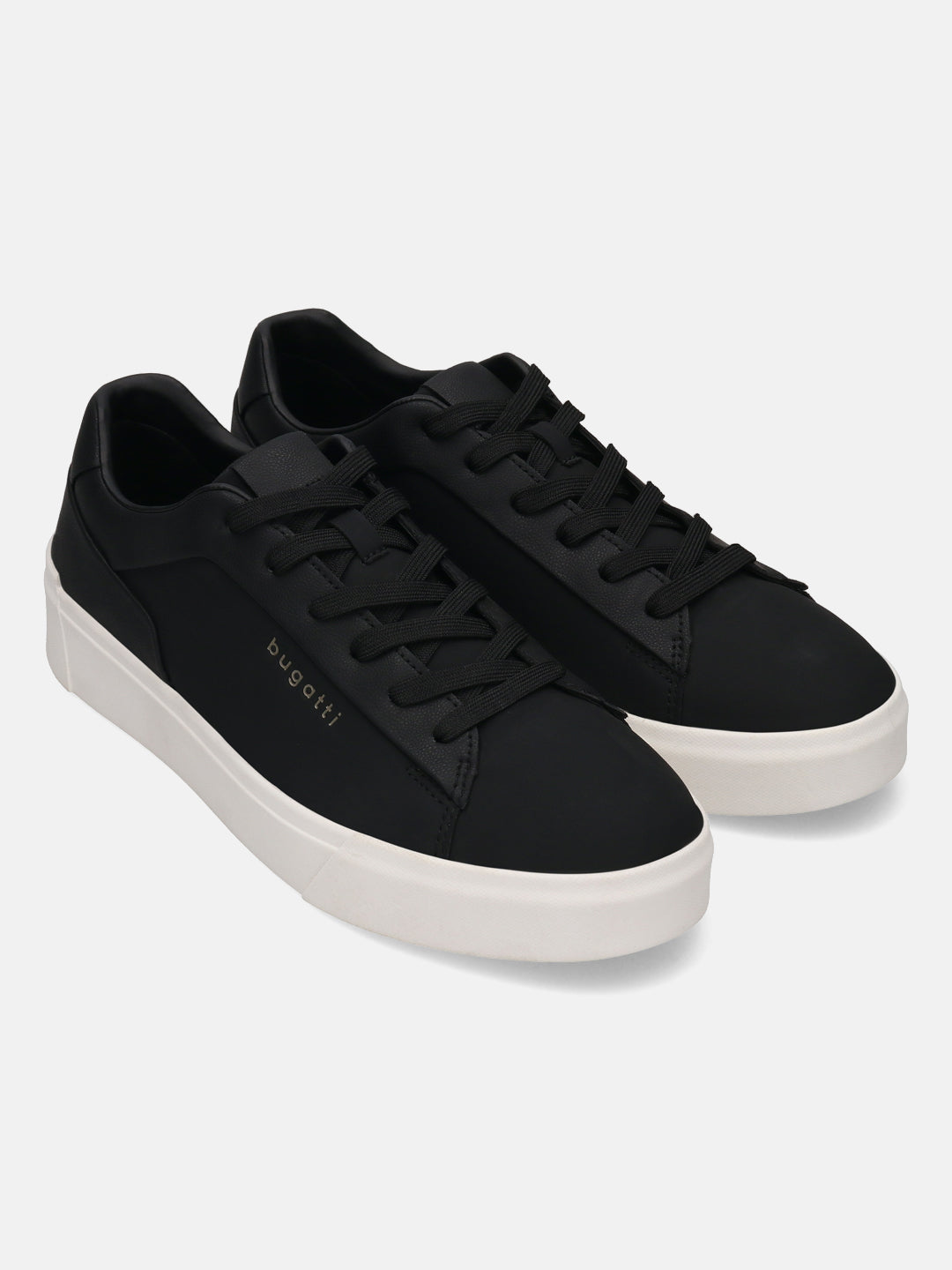 Pair of black bugatti Gunter comfort sneakers with black laces and white soles.