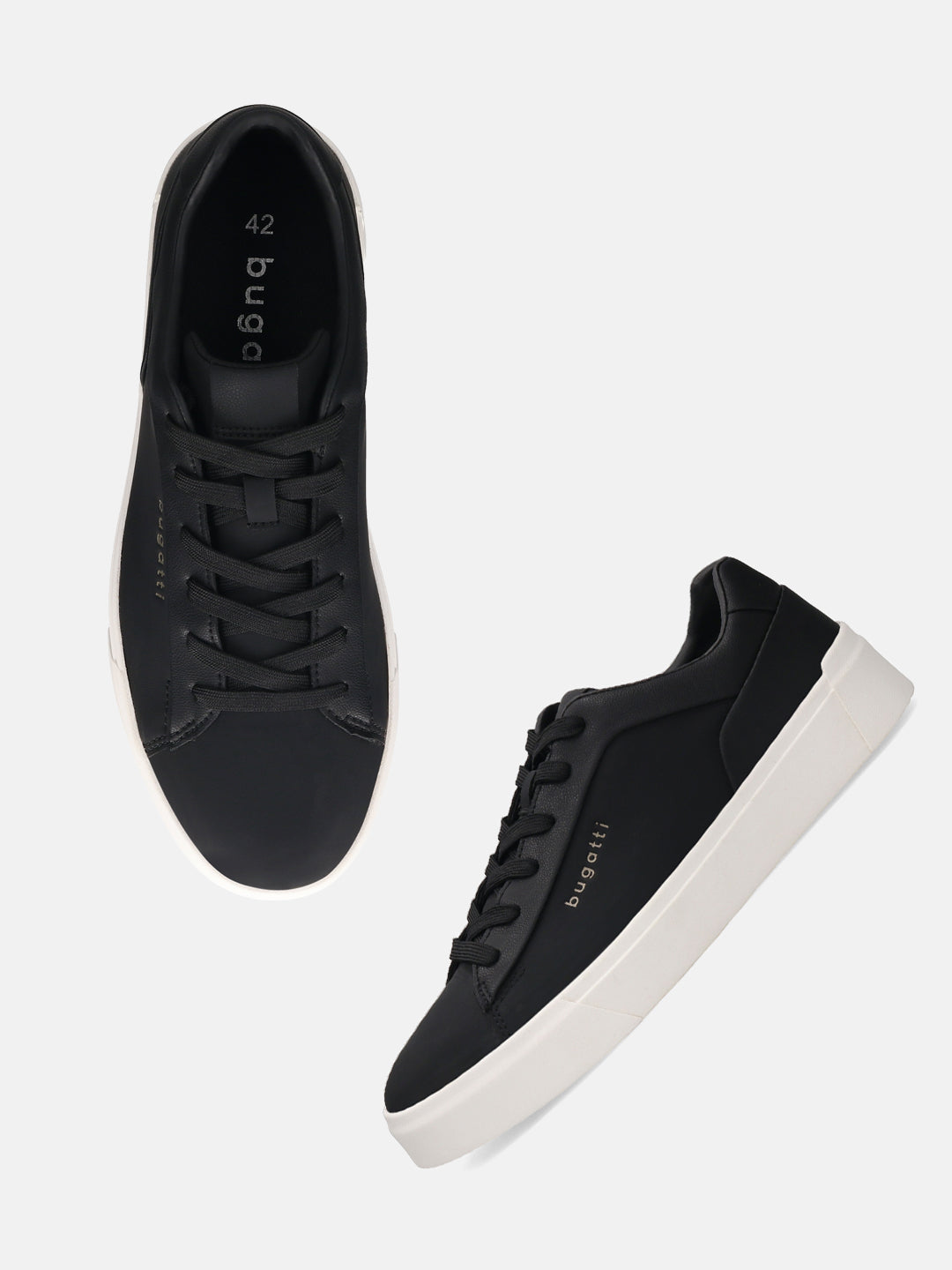 Pair of black bugatti Gunter comfort sneakers with white rubber soles.
