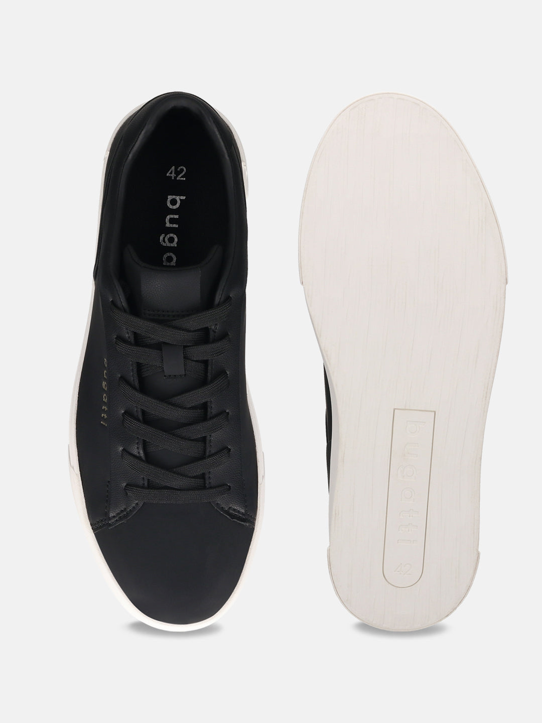 bugatti Gunter black comfort sneakers, shown from above with black laces and white soles.