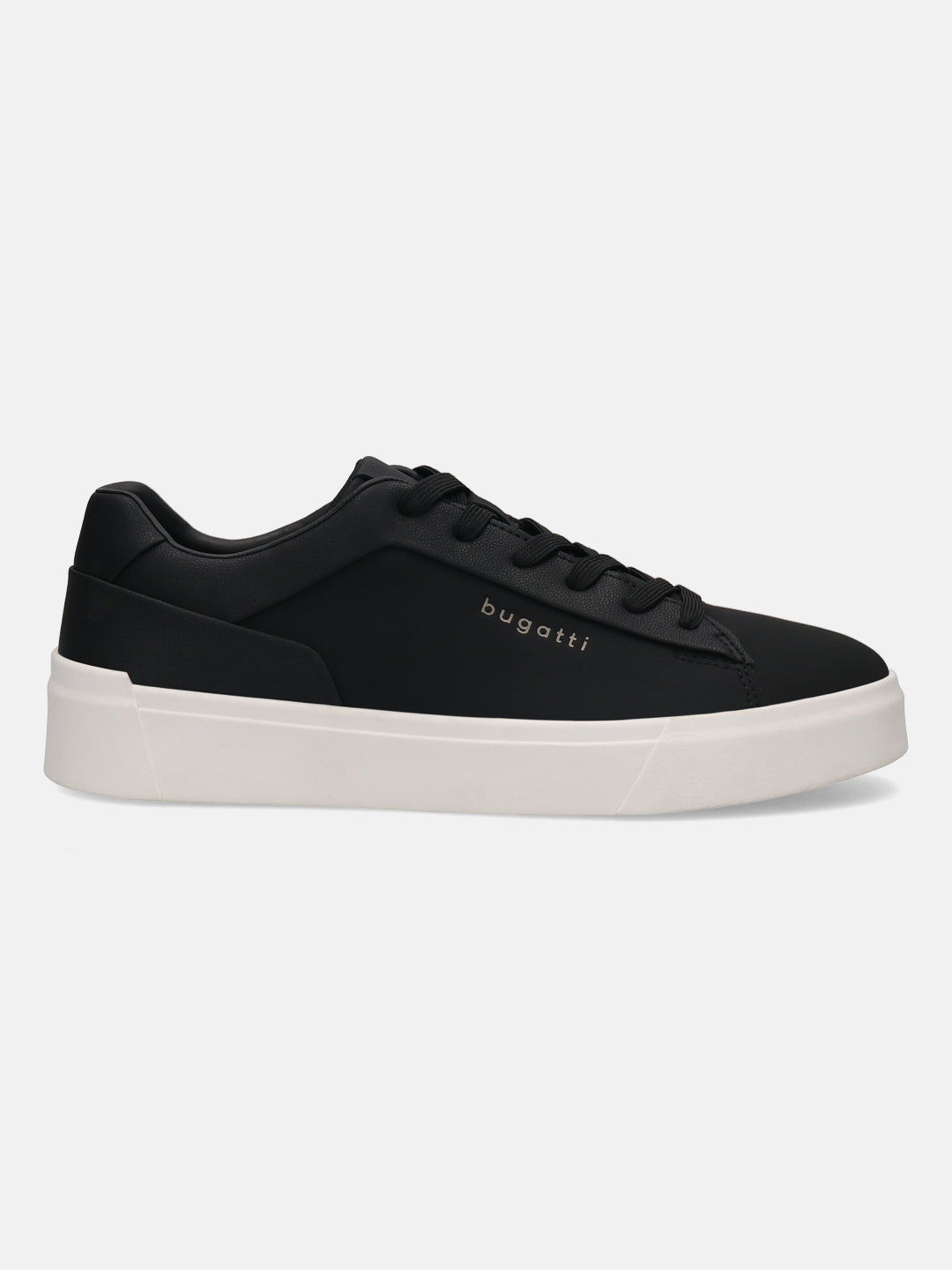 Side view of black bugatti Gunter Comfort Sneakers with white platform sole and black laces.