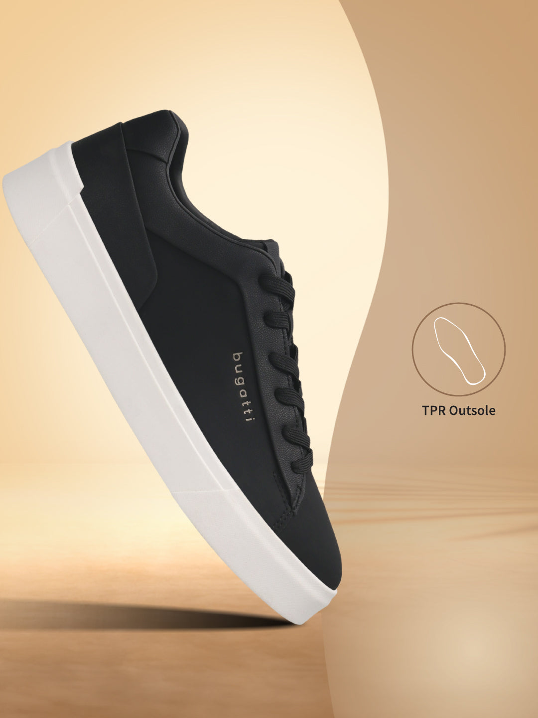 Side view of a black bugatti Gunter comfort sneaker with a white sole.
