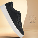 Side view of a black bugatti Gunter comfort sneaker with a white sole.
