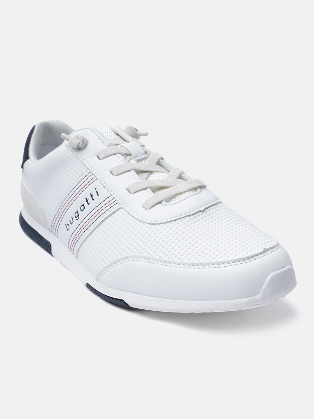 White comfort sneakers by bugatti, featuring a breathable mesh upper, contrasting striped detail, and a lace-up closure.