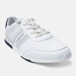 White comfort sneakers by bugatti, featuring a breathable mesh upper, contrasting striped detail, and a lace-up closure.
