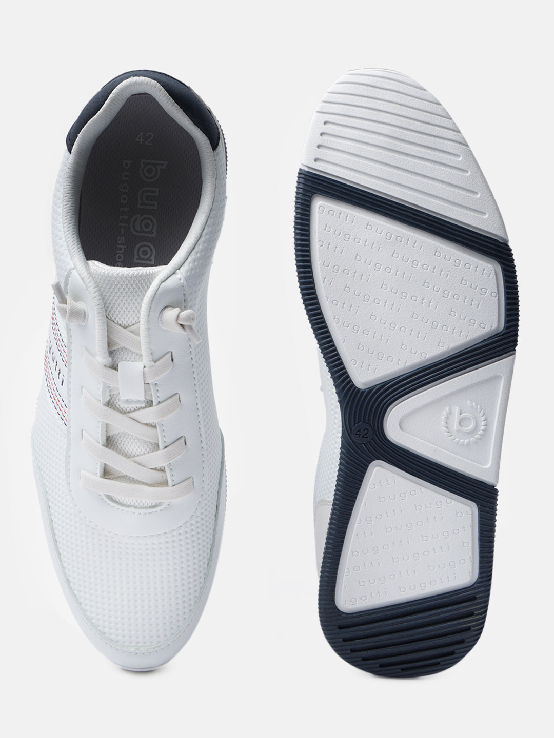 White sneakers by bugatti, displaying white laces and the brand logo on the insole.