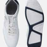 White sneakers by bugatti, displaying white laces and the brand logo on the insole.