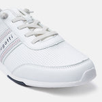 White sneaker by Bugatti, showing a textured mesh upper with striped detailing and matching laces.