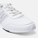 White sneaker by Bugatti, showing a textured mesh upper with striped detailing and matching laces.