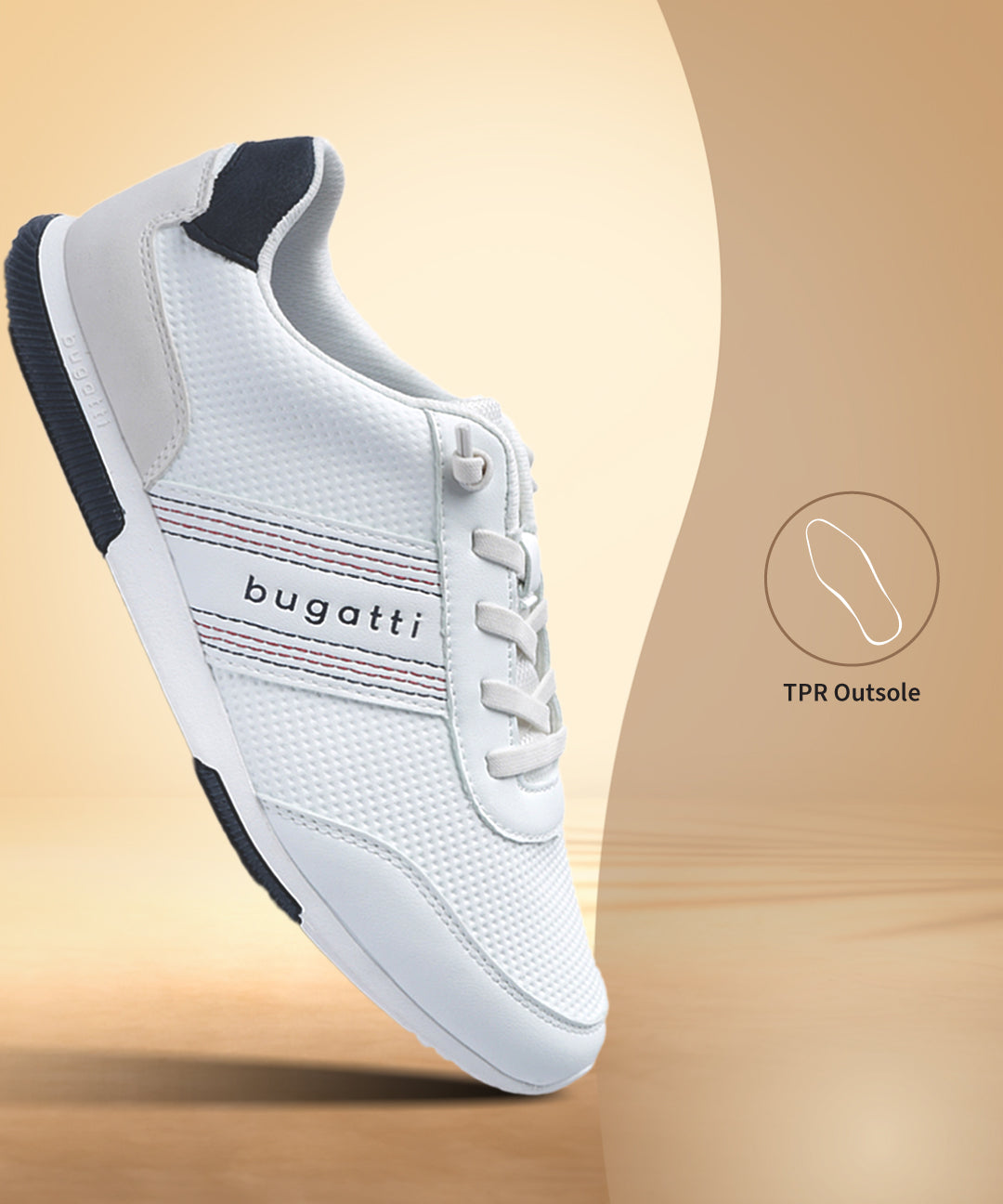 Side view of a white bugatti sneaker with a textured upper, striped accent, and dark navy heel detail.
