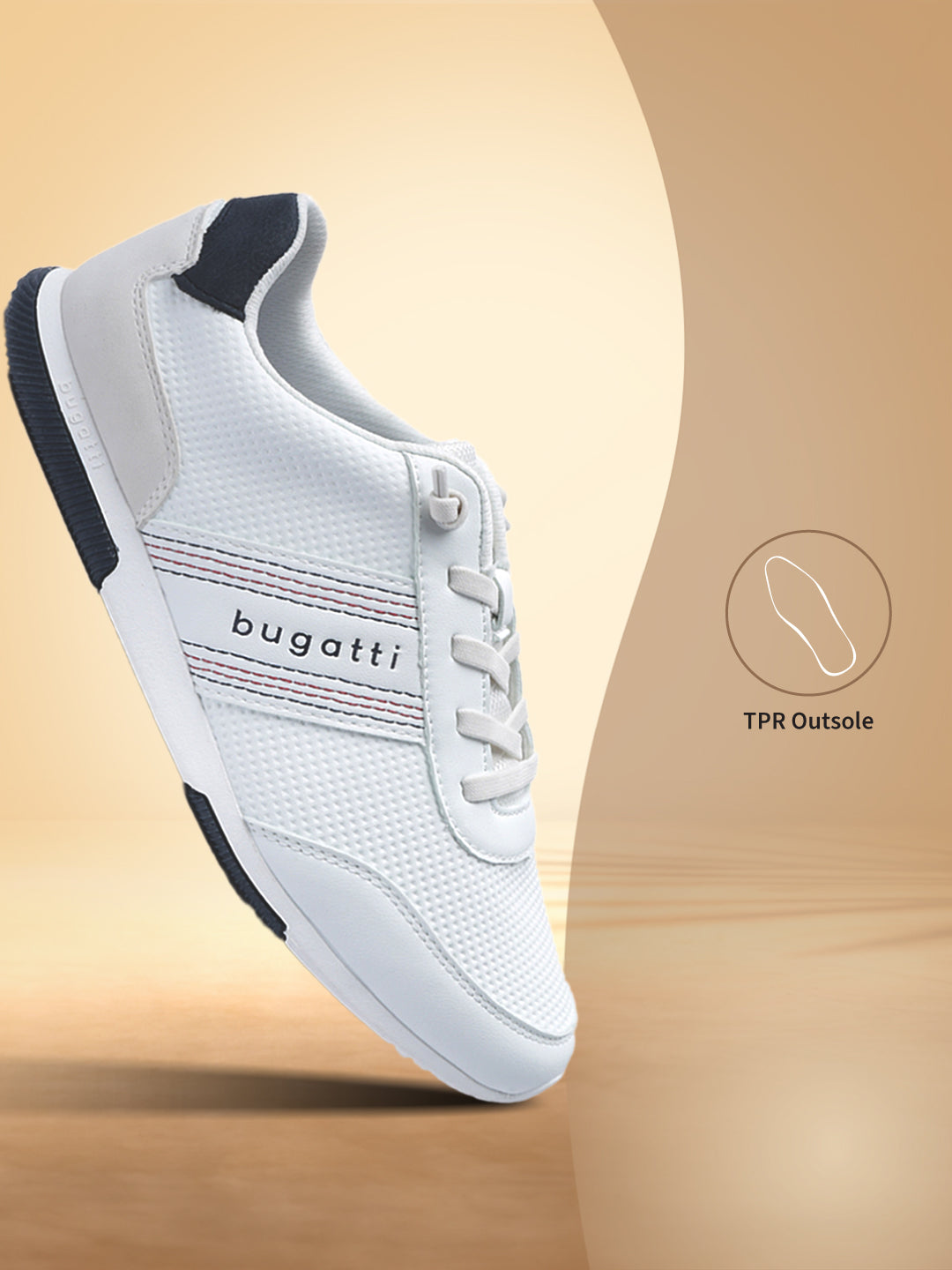 Side view of a white bugatti sneaker with a textured upper, striped accent, and dark navy heel detail.
