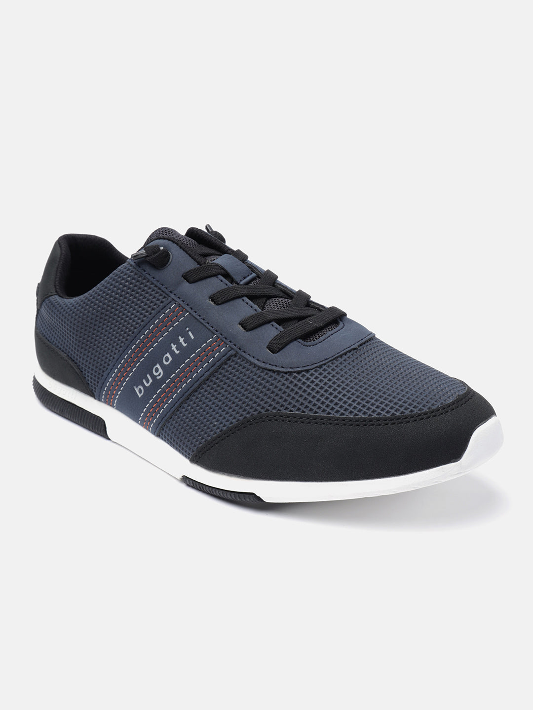 Dark blue comfort sneaker by bugatti, featuring a mesh upper with black accents and a white sole.