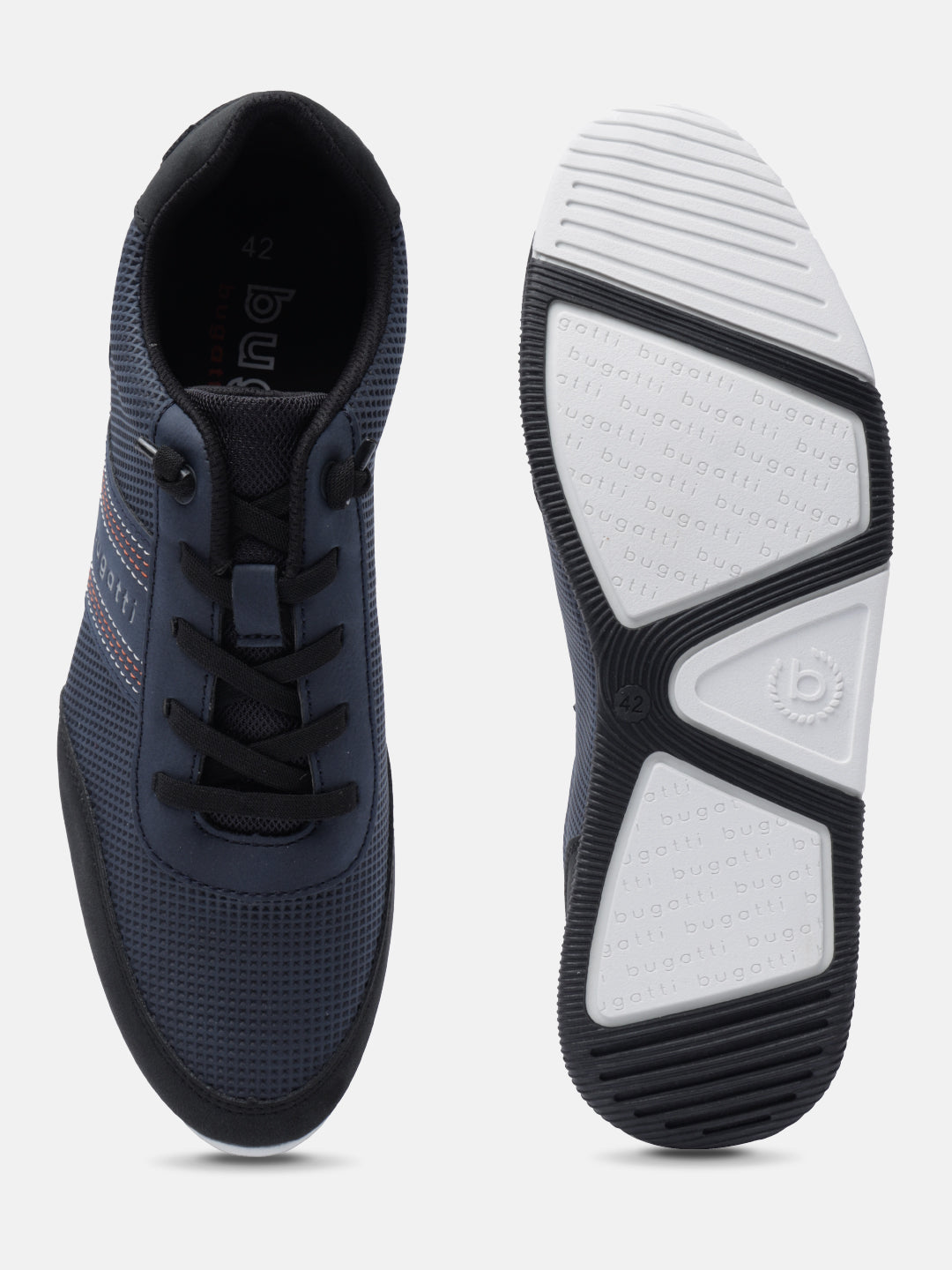 Dark blue textured comfort sneakers by Bugatti with black laces and white patterned soles.