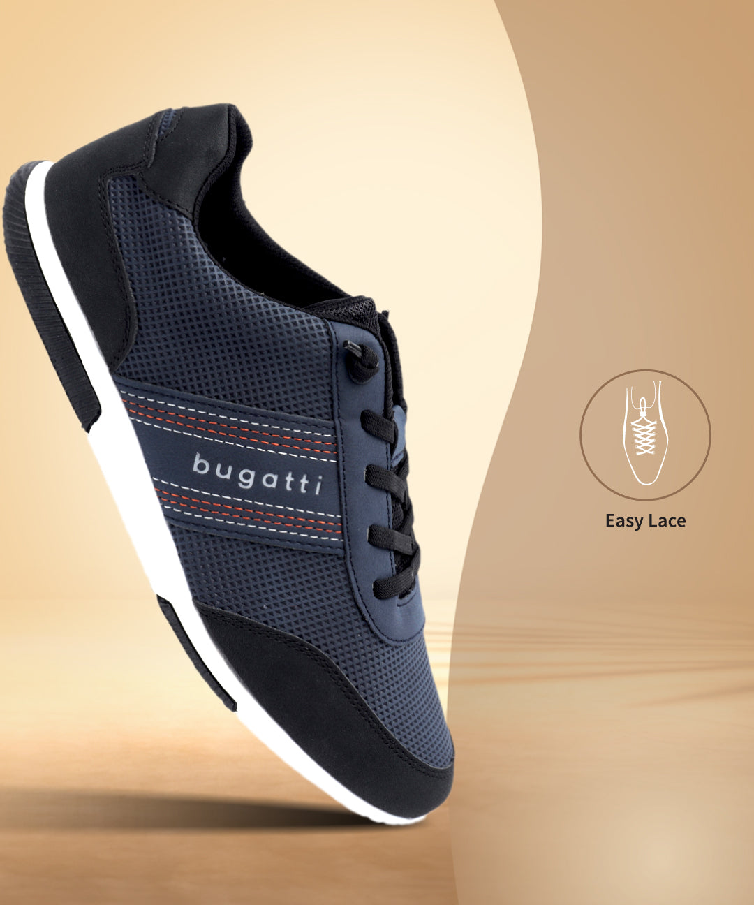 Side view of a navy bugatti sneaker with black accents and a white sole.