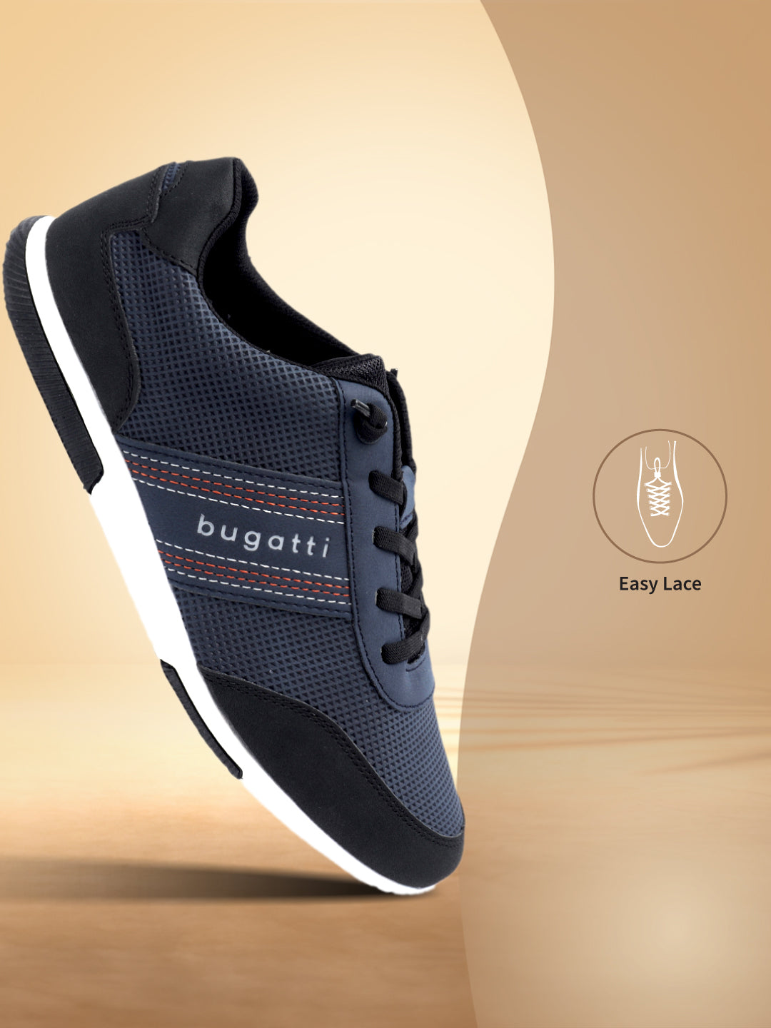 Side view of a navy bugatti sneaker with black accents and a white sole.