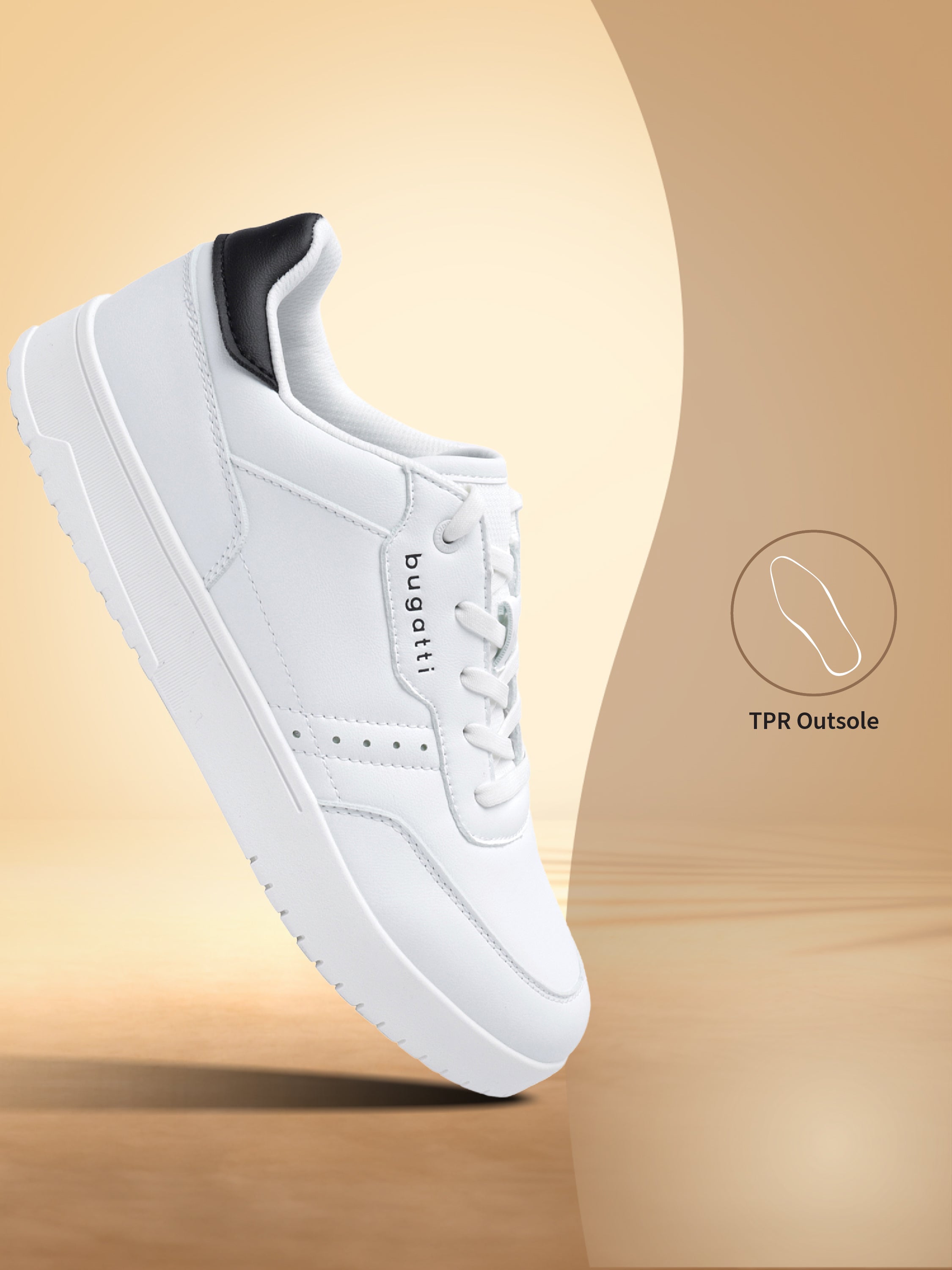 bugatti Helium white comfort sneaker with black heel detail, shown at an angle.
