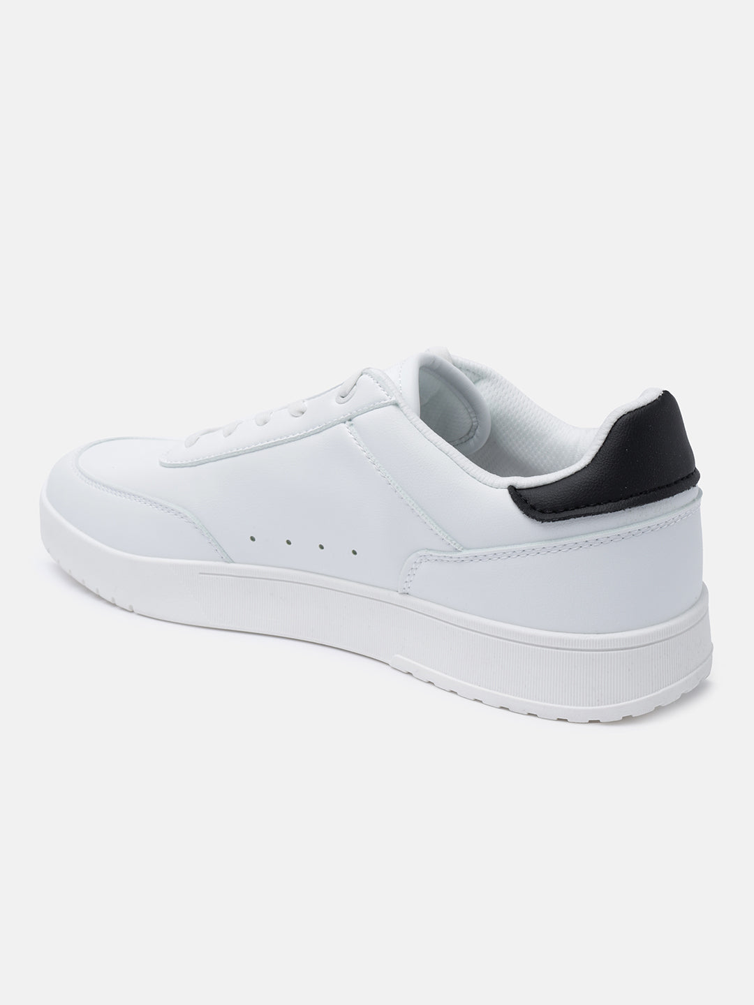 White comfort sneakers by bugatti with black heel, shown in a side view.