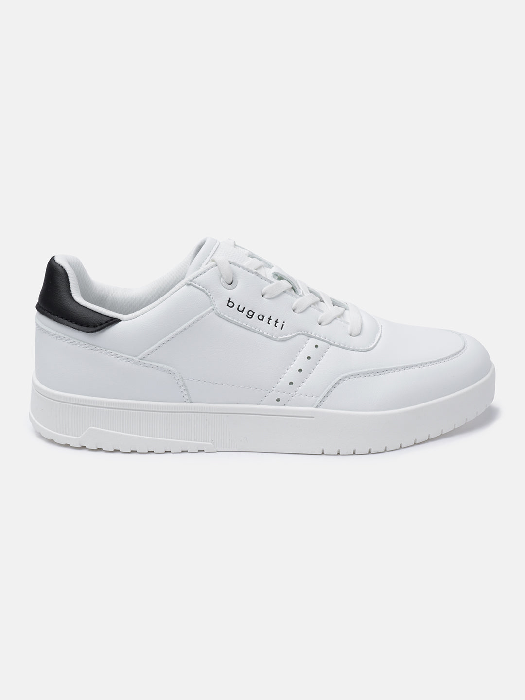 White Helium Comfort sneakers by Bugatti with a black accent at the heel and white laces.
