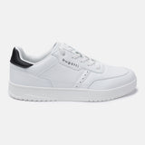 White Helium Comfort sneakers by Bugatti with a black accent at the heel and white laces.