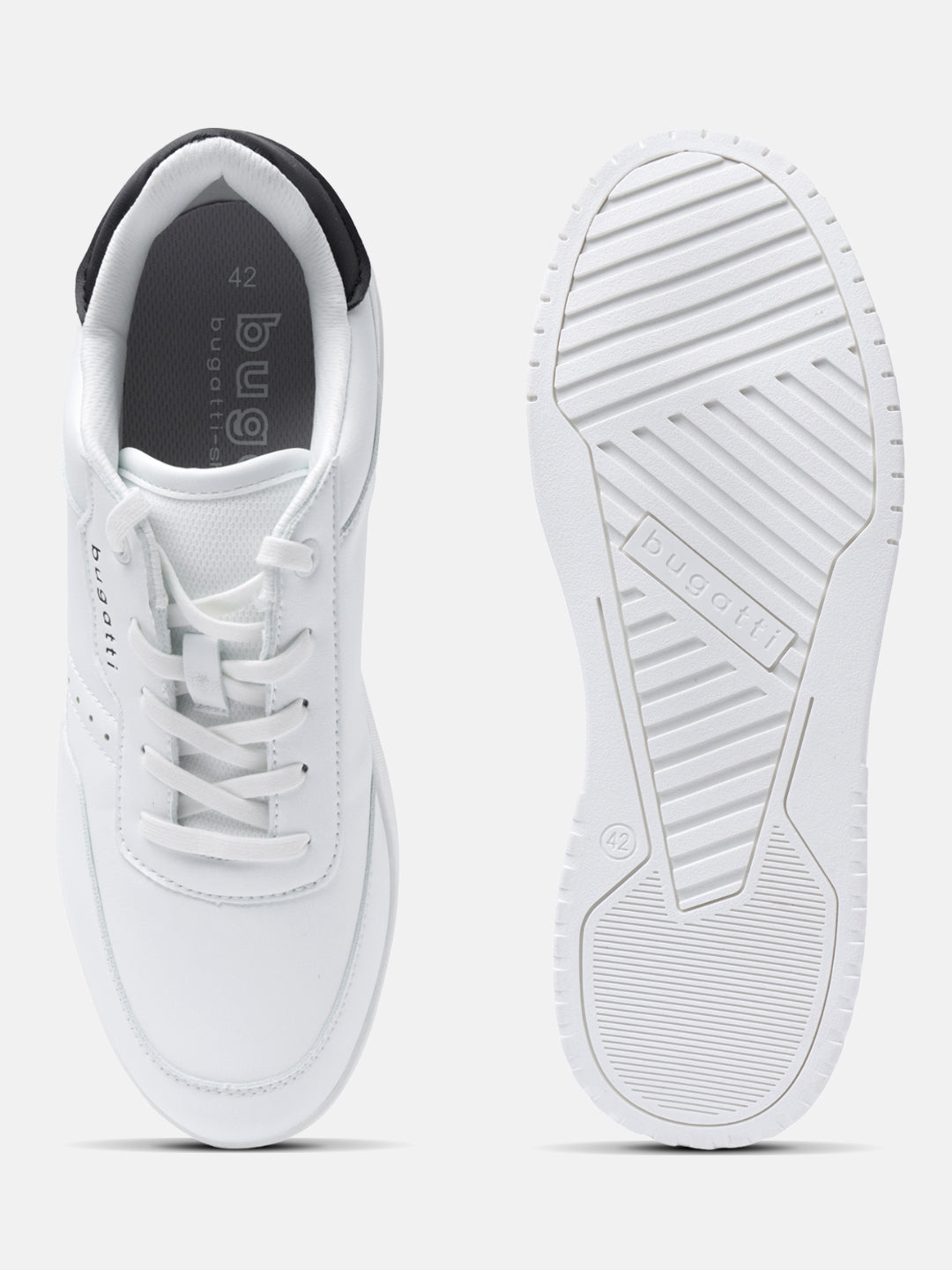 White comfort sneakers by bugatti with laces, padded black collar and patterned rubber sole.