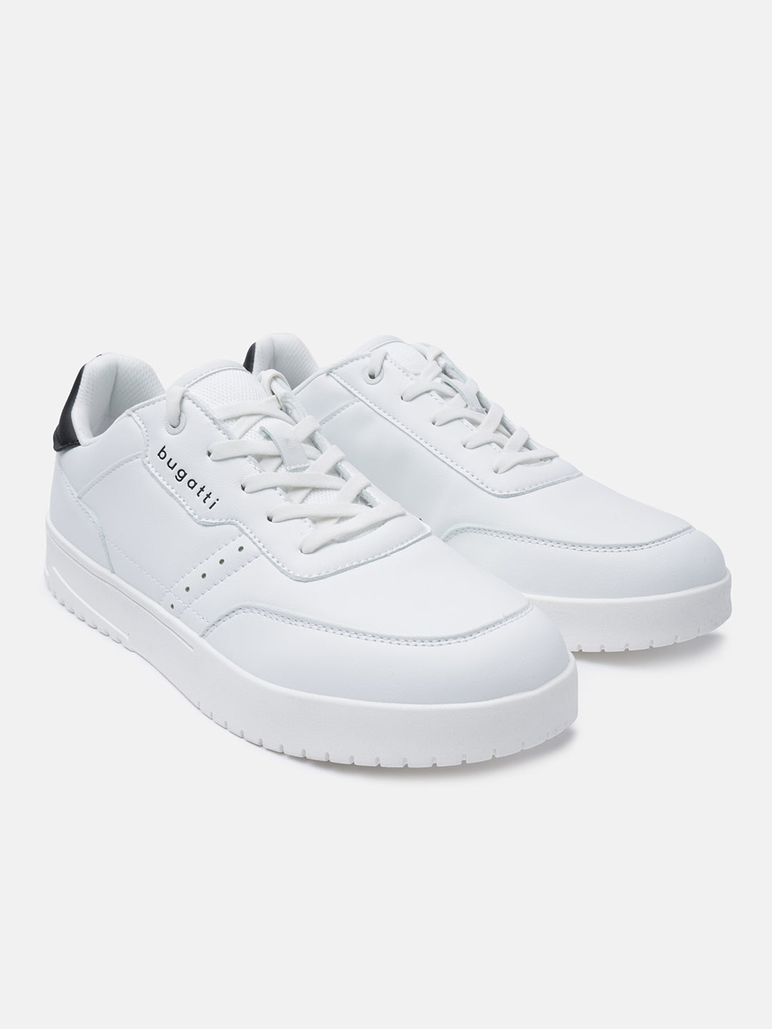 White Helium sneakers by bugatti with black heel detail and visible laces.