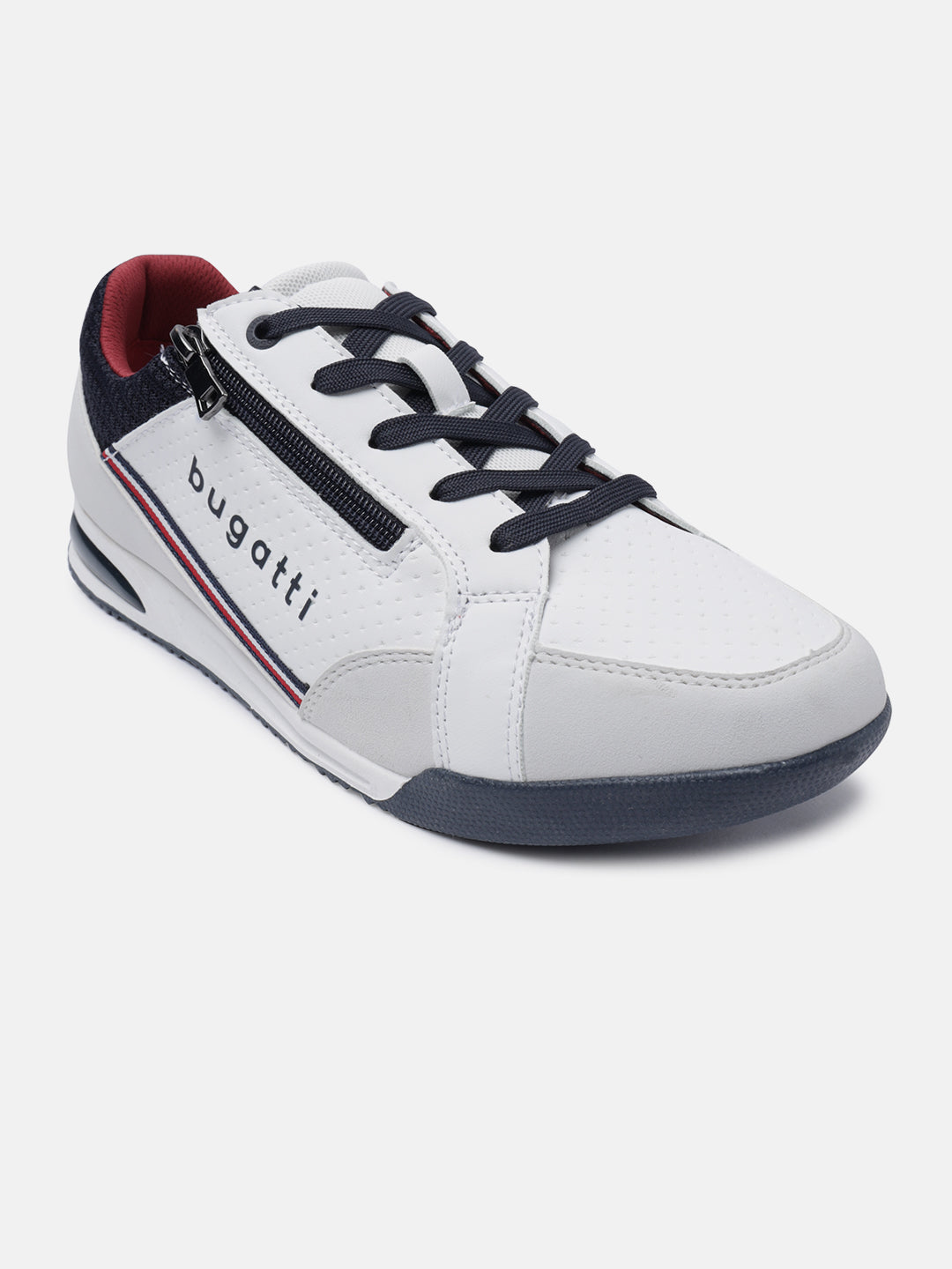 A white Men's bugatti Sneakers featuring a round plain toe, zero heels heel. Made from synthetic with a durable tpr outsole, this zipper design offers both style and comfort.