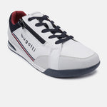 A white Men's bugatti Sneakers featuring a round plain toe, zero heels heel. Made from synthetic with a durable tpr outsole, this zipper design offers both style and comfort.